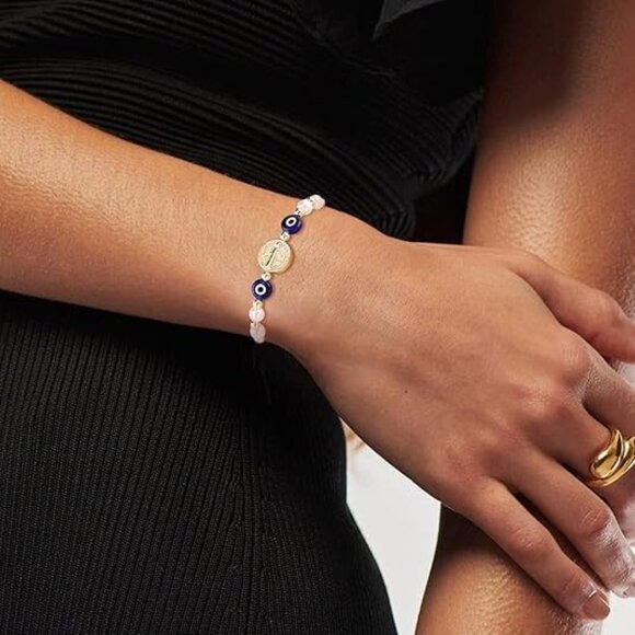 Evil Eyes 14K Gold Diamond Evil Eye Bracelet Blue .70ct 004865 Blue Evil Eye Bracelet Saint Benedict Medal Retro Bracelet